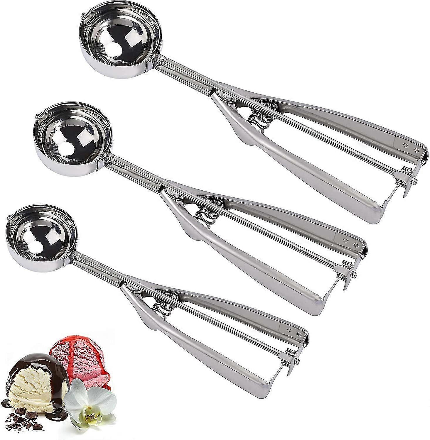 Ice Cream Scoop Set, 3 Pieces Stainless Steel Cookie Scoops With Trigger
