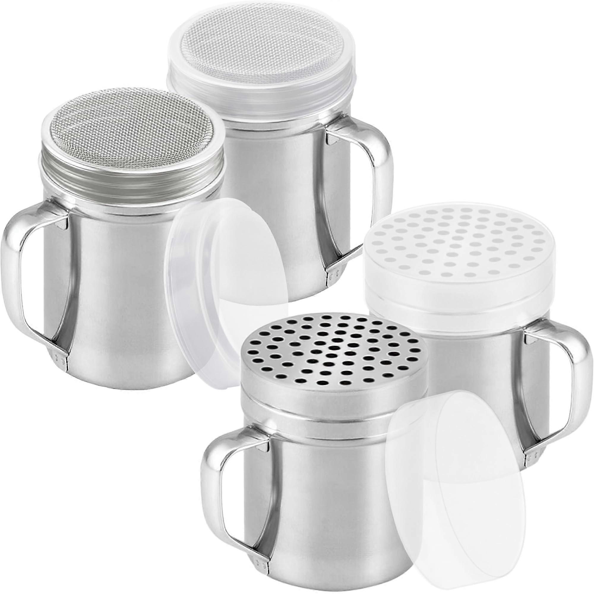 Metal Cheese Shaker 2 Pack 10oz Large Holes for Powdered Sugar Baking and Cooking, Stainless Steel Design