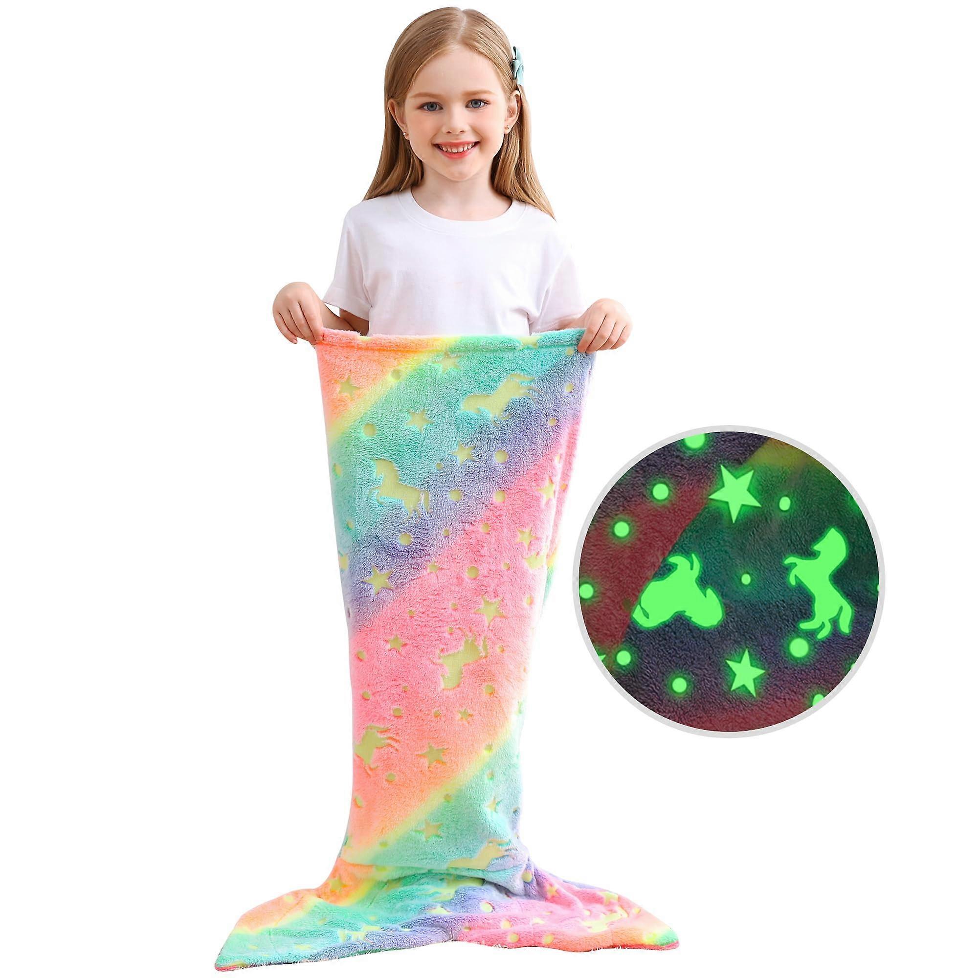 Glow in The Dark Mermaid Tail Unicorn Blanket, 17" x 39", Soft Fleece Material, Kids Throw Blanket for Girls