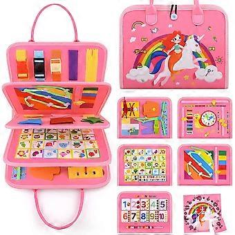 (Pink Unicorn) Busy Montessori Board for Kids, 5 Layers Montessori Board, Activity Board, Learning Life Skills Educational Toy Gift for Kids Baby 1-4 