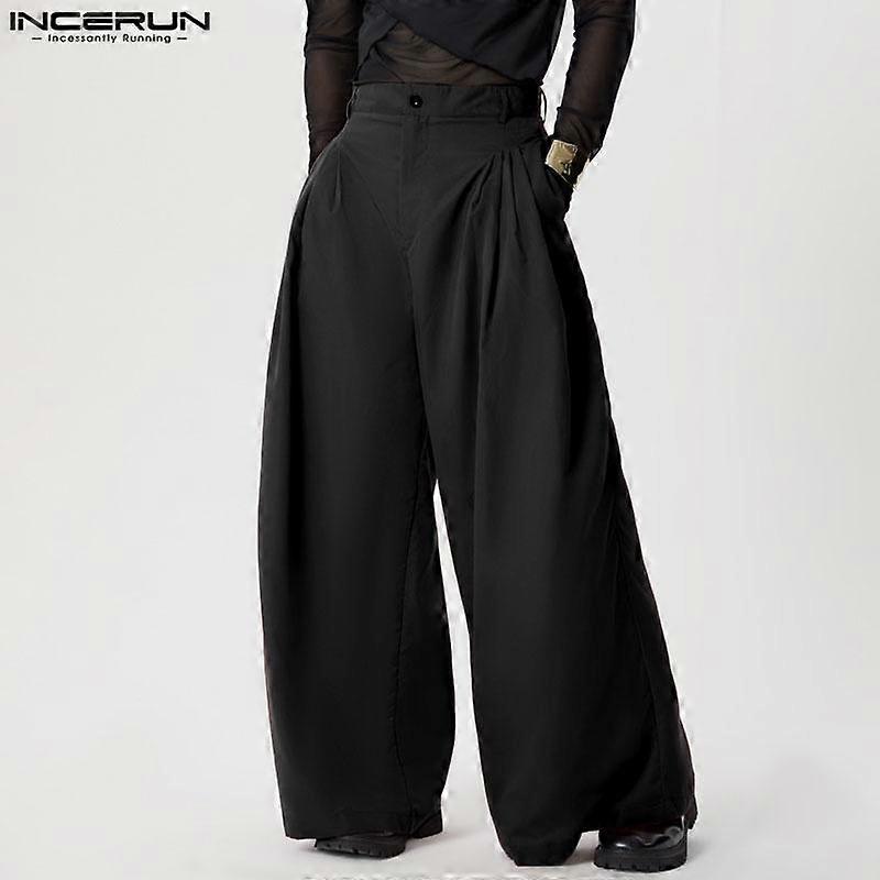 INCERUNMen Zipper Up Wide Leg Pants Pleated Solid High Waist Loose Long Trousers
