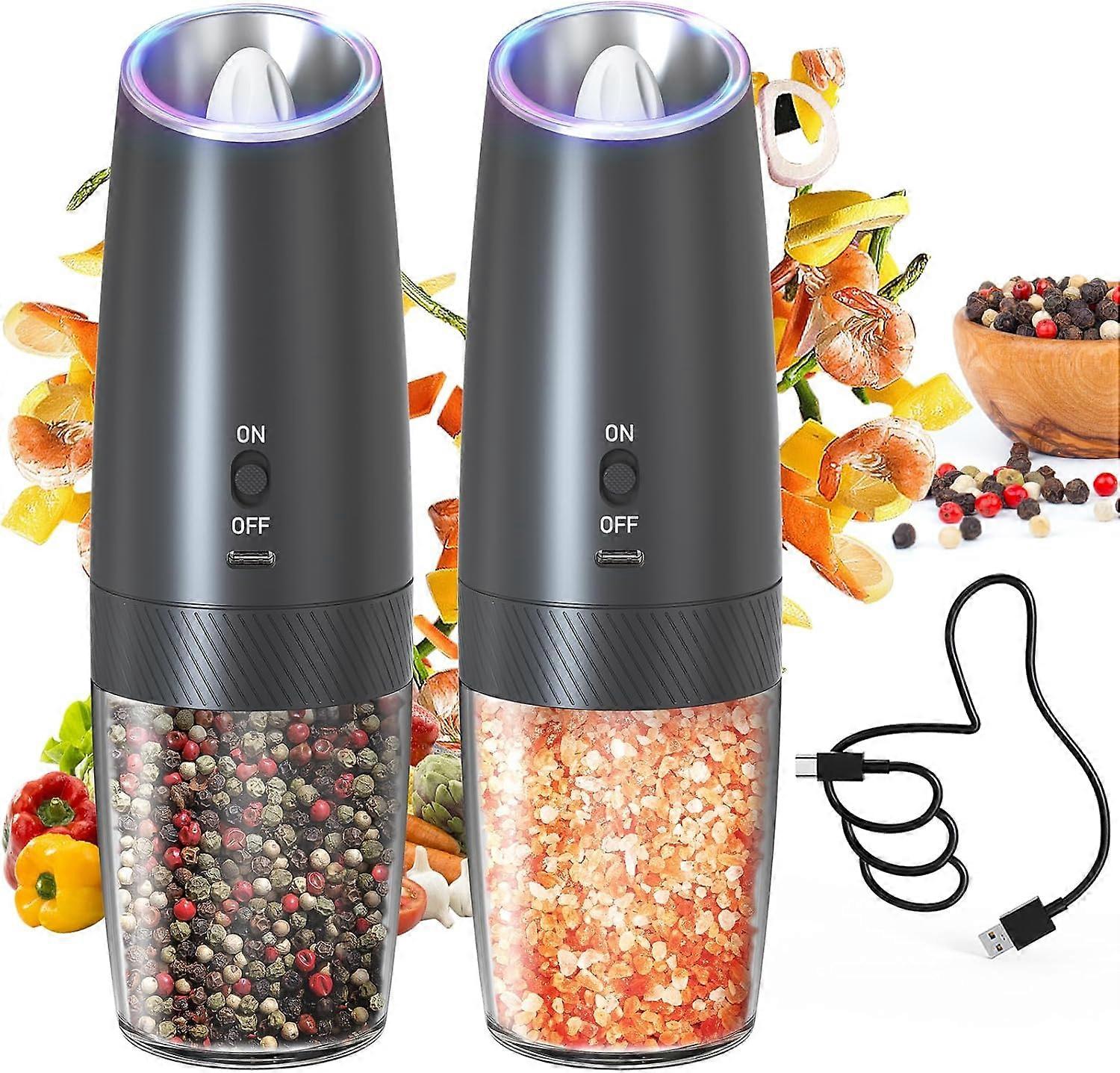 Gravity Electric Salt & Pepper Grinder Set - Rechargeable, Adjustable Coarseness, LED Light (Black)
