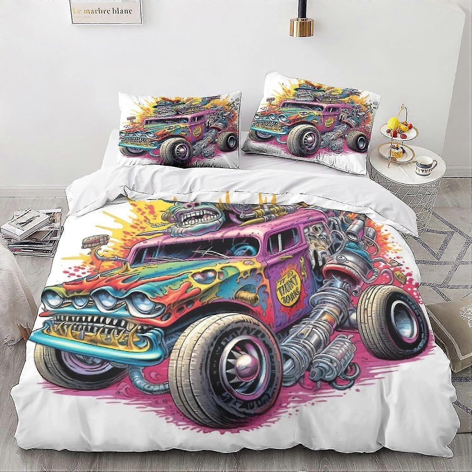 Monsters Bedding Duvet Cover 3D Cartoon Printed Quilt Duvet Cover with Zipper Closure, Vintage Car Bedding Double