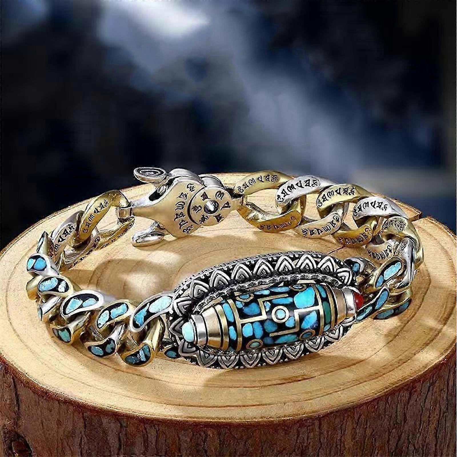 Turquoise Six caractères Mantra neuf yeux Dzi Bracelet de perles, transfert rotatif neuf yeux Dzi perles Bracelet, méditation chance amulette Bracelet