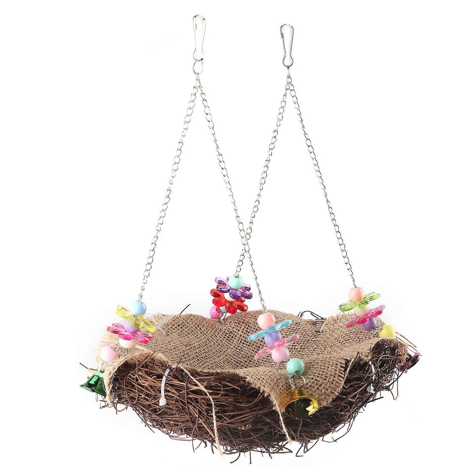 Rattan Nest Bird Hanging Nest Toy with Bells Bird Swing Standing Perch Toy Cage Hammock(S)