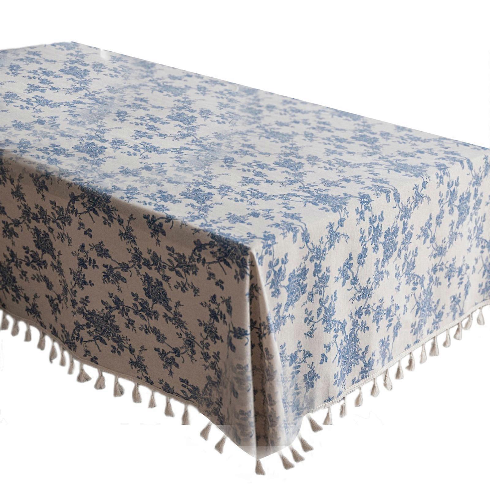 Chinese Inspire Blue Tablecloth Cotton Linen Mixed Wrinkleproof Machine Washable Suitable for Rectangular Tables  Blue and white porce