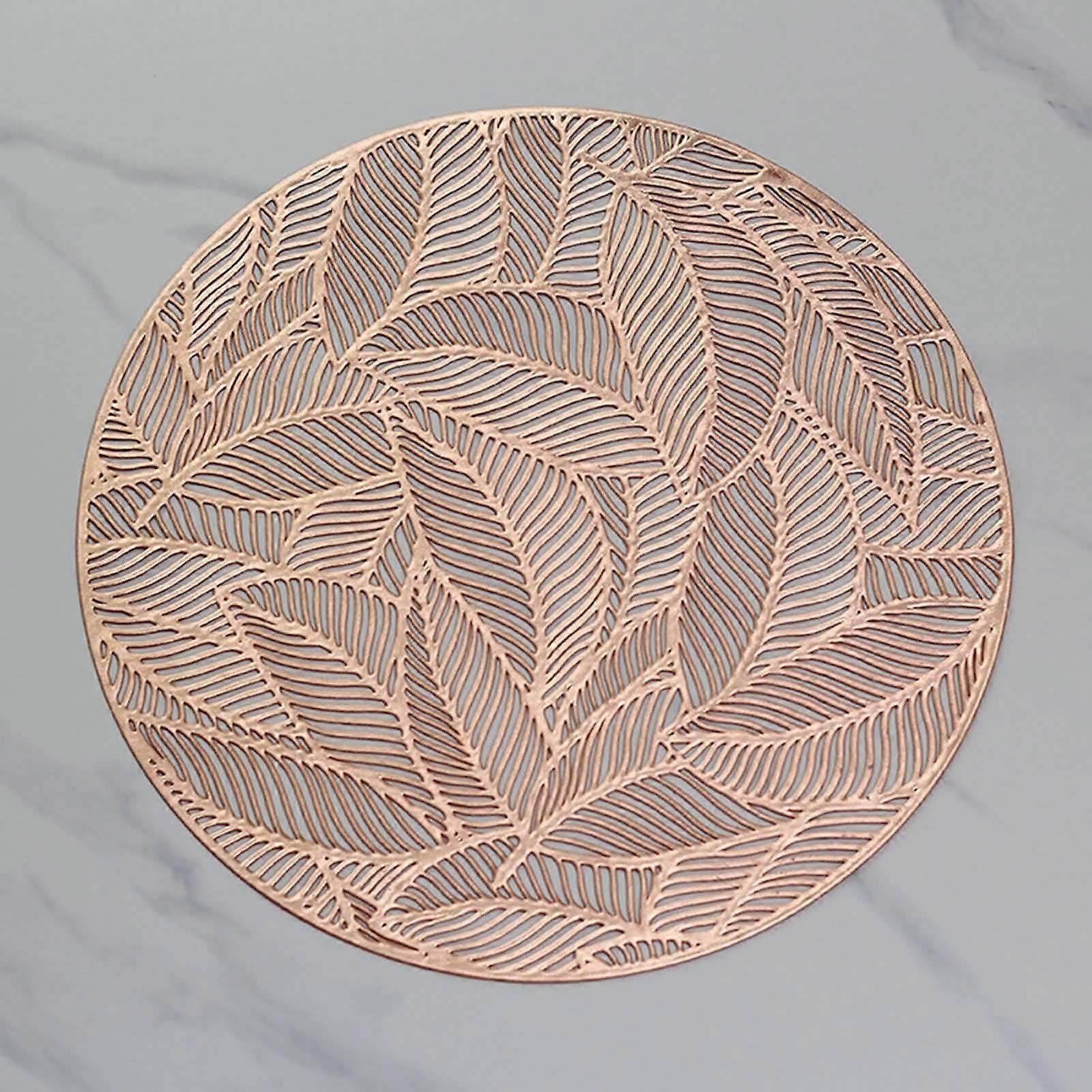 PVC Washable Place Mats Set of 4, Heat-Resistant Metallic Round with Hollowed Leaf Pattern, 38 x 38 cm, Rose Gold
