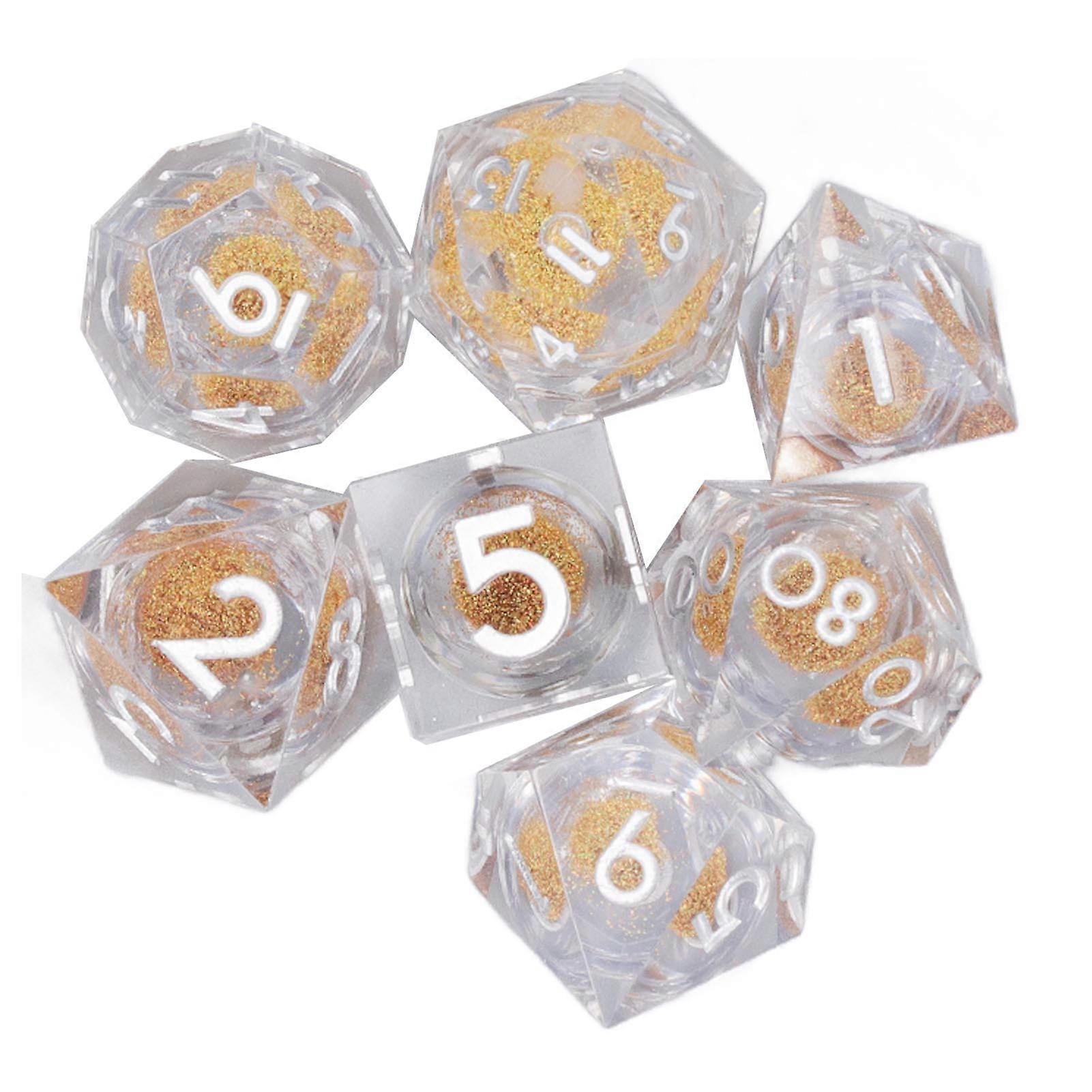 7pcs Resin Sharpness Edged Dice Transparent Polyhedral Liquid Quicksand Role Playing Game Number Dice Gold Quicksand