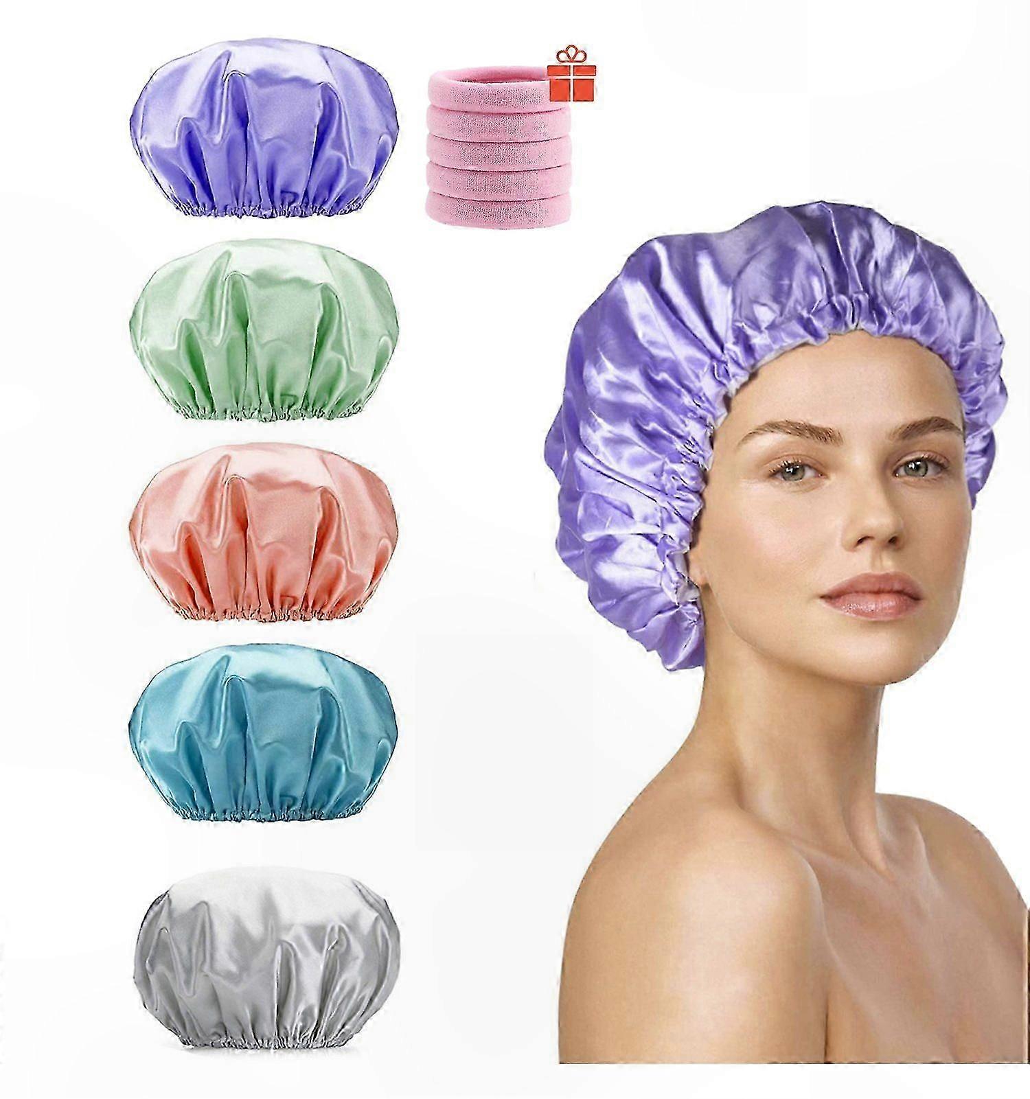 Reusable Waterproof Shower Caps for Hair Protection, Soft Elastic Design, 5-Pack