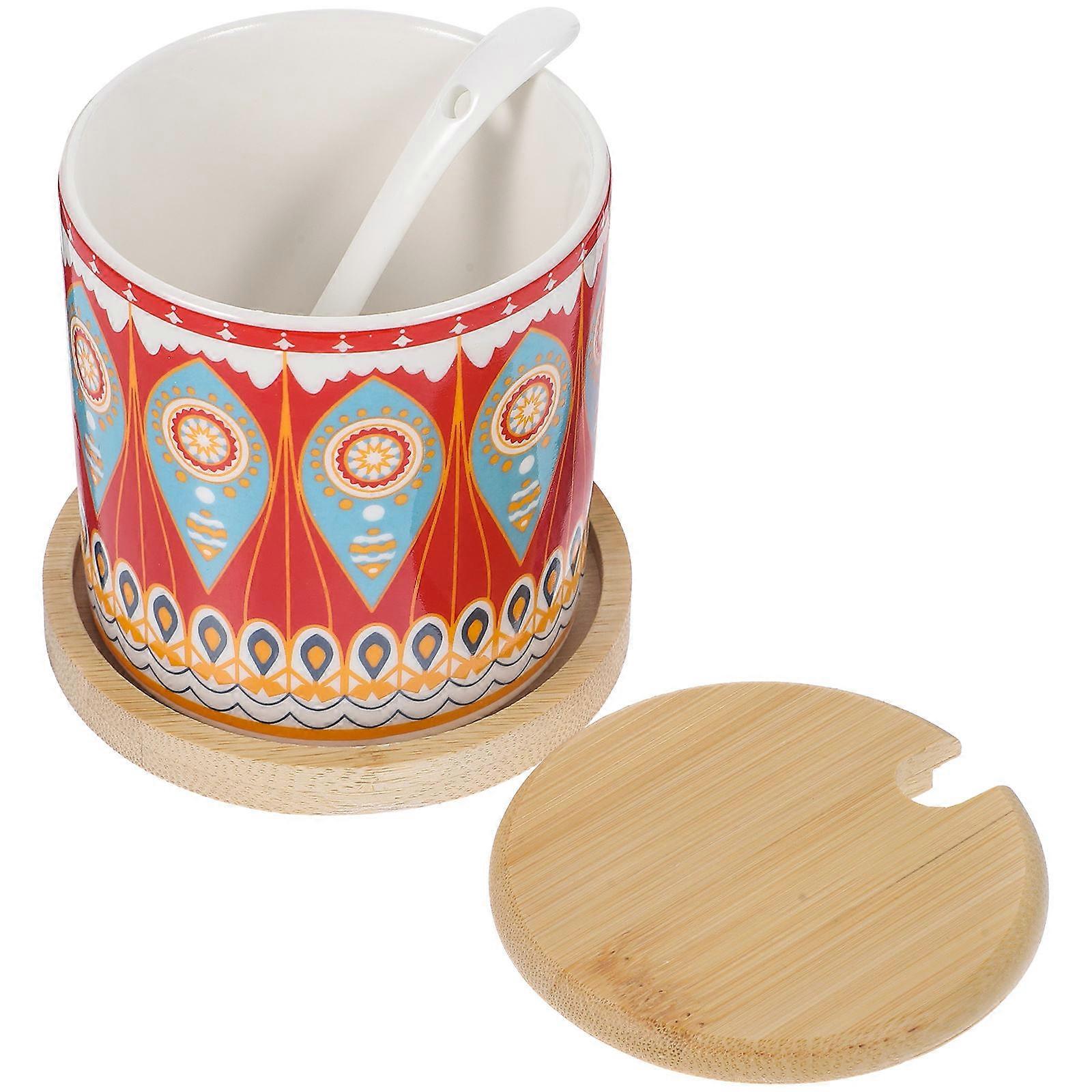 Square Bamboo And Ceramic Spice Organization Container For Kitchen Decoration 3 Sets 9.50X9.50X0.50CM