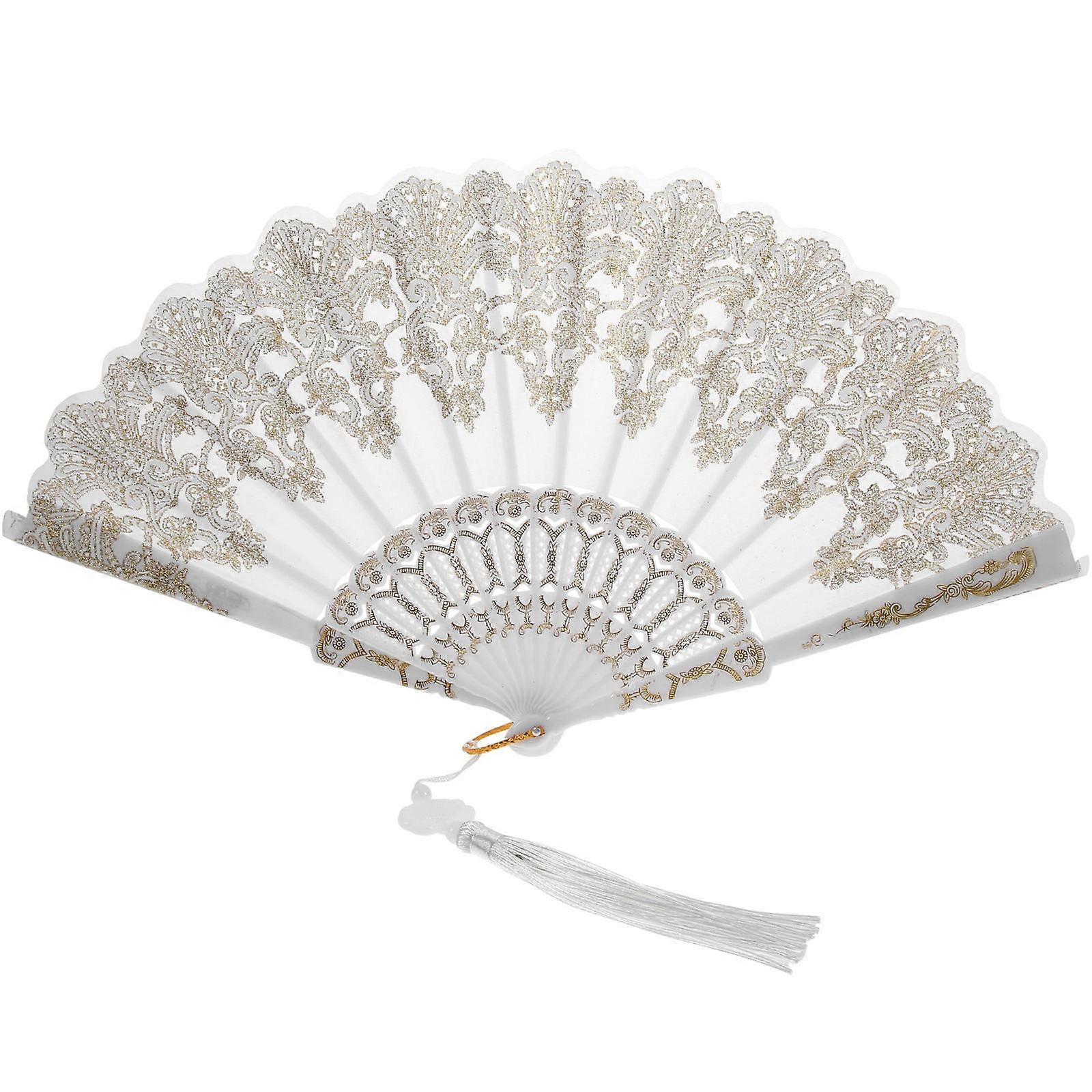 Elegant Folding Hand Fan for Performance 5Pcs White Embroidered Design