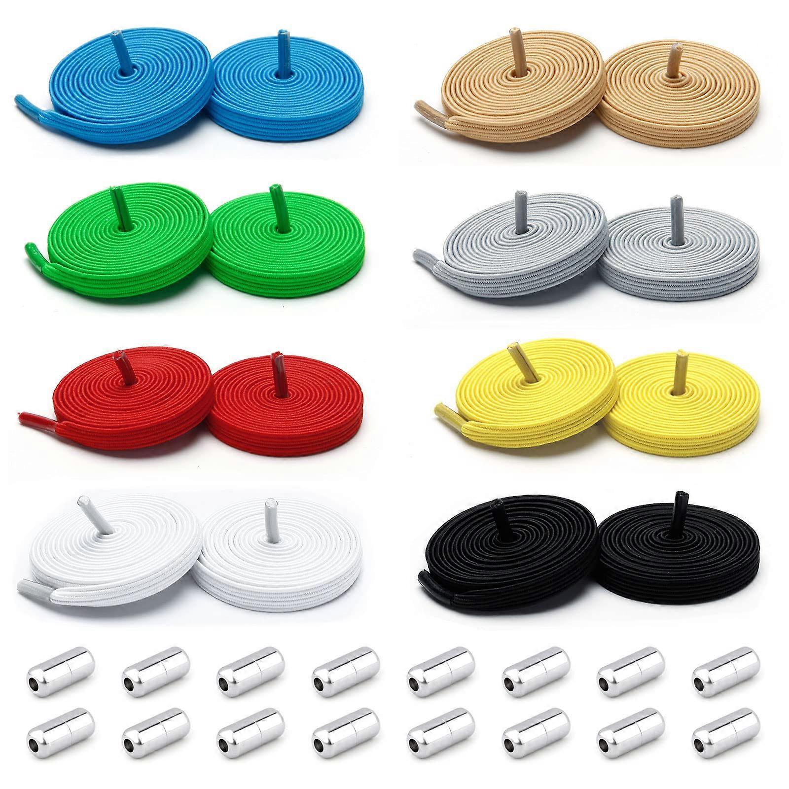 8 Pairs in 8 Colors of Adjustable Tieless Shoelaces, No Tie Elastic Shoe Laces, Khaki, yellow, light gray, white, green, black, red, light blue
