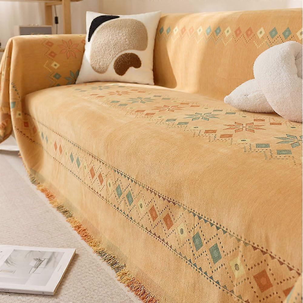 Soft Woven Throw Blanket With Tassels For Sofa Couch Bed 180x260 Cm Large Size Yellow