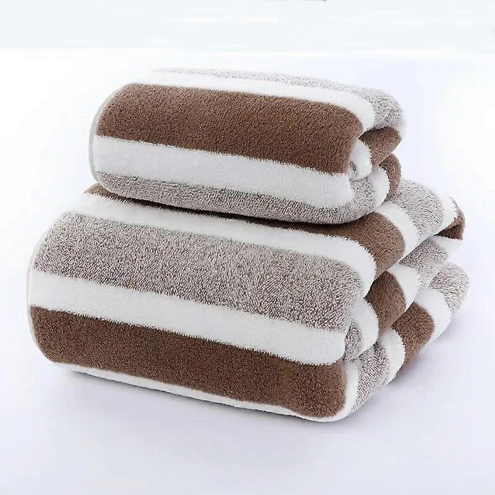 Striped Bath Towel Set Brown Quick Dry Absorbent Soft Hand Towel