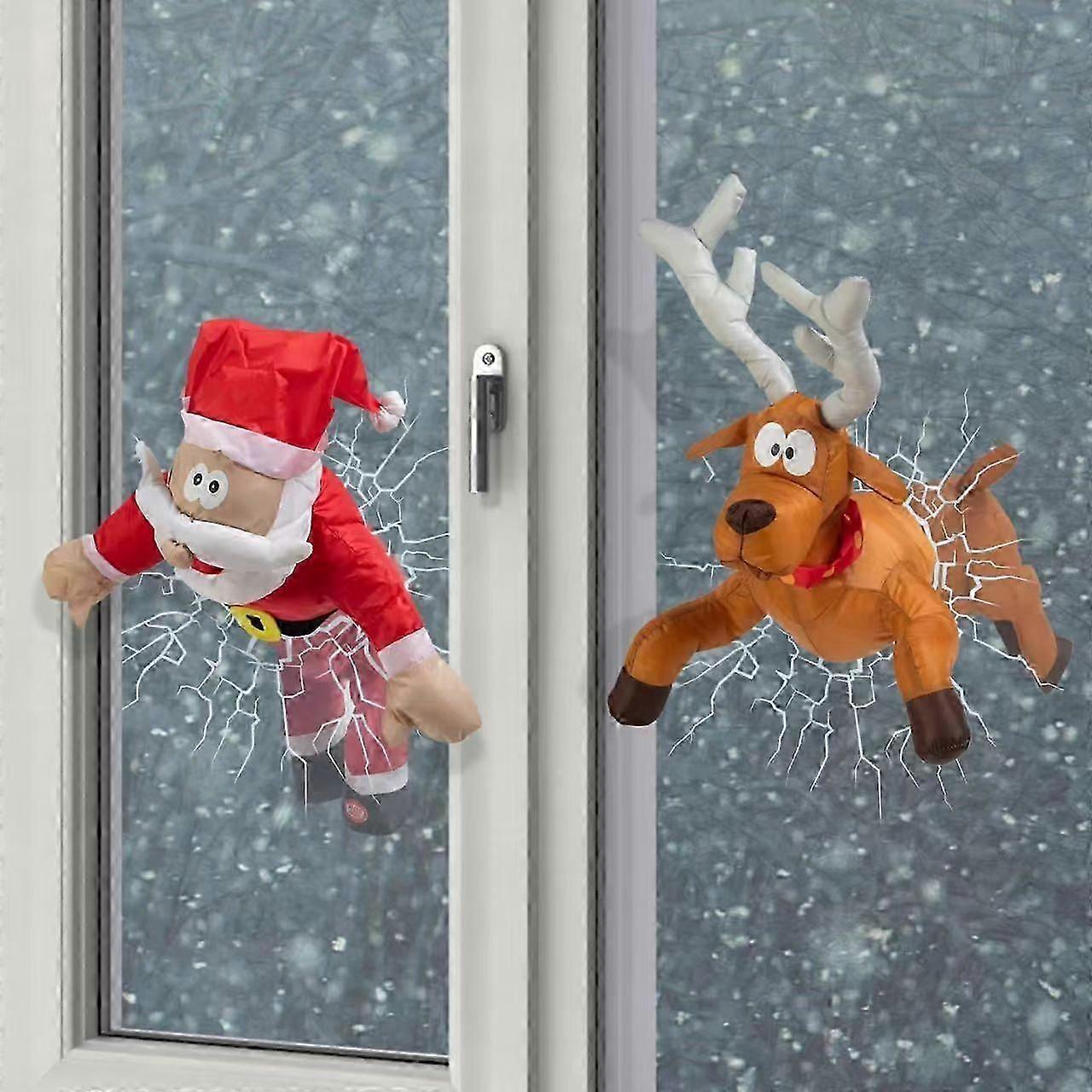 Holiday window decorations with crashing Santa and reindeer animation