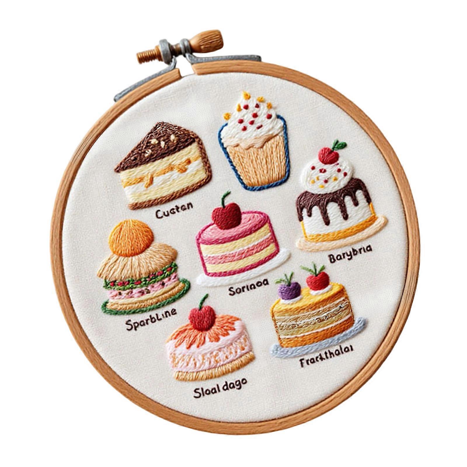 Dessert Theme Embroidery Set with Instruction Stitching Hoop Embroidery Threads and Needle for Beginner Handmade Craft Multicolor
