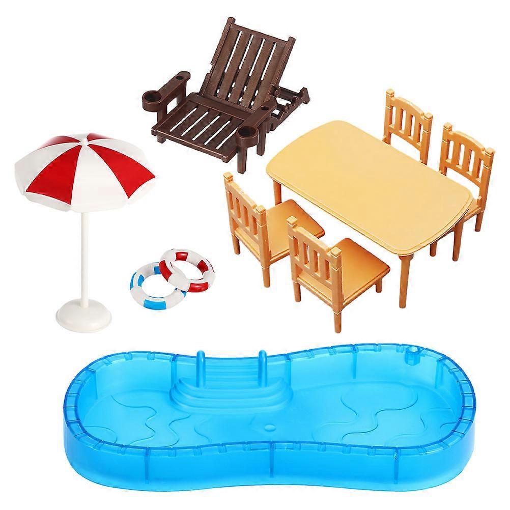 Dollhouse Swim Pool Accessories for Playing 2Sets with Beach Chairs and Umbrellas