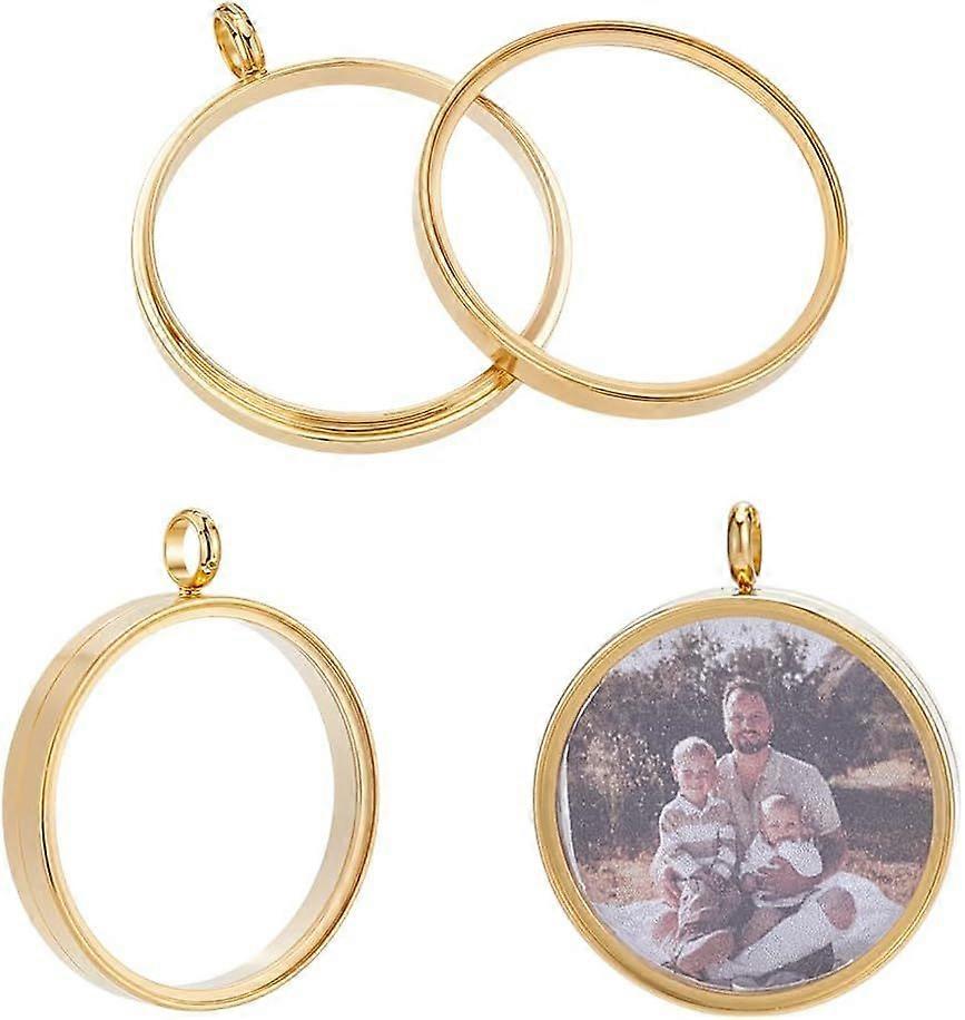 2Pcs Real 18K Gold Plated Memory Locket Charm Stainless Steel Glass Floating Charm Photo Frame Locket Pendants Flat Round DIY Picture Photo Charms for
