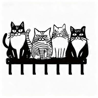 Cat Wall Hook Rack with Whimsical Black Metal Cat Silhouette, 7 Hooks for Coats Keys Towels