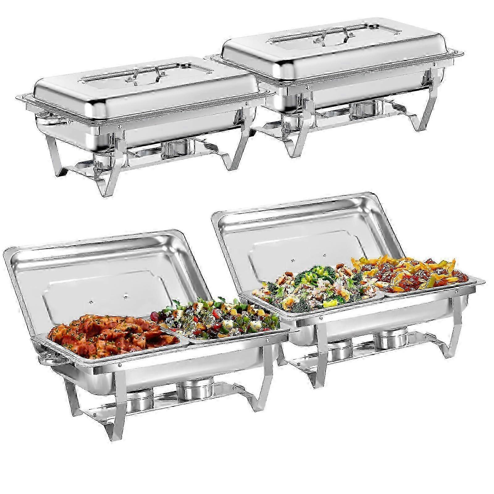 Ensemble de 4 chauffe-plats en acier inoxydable de 8 pintes (7,6 L) pour buffet, avec bac alimentaire demi-taille et cadre pliable, idéal pour les réceptions, fêtes et banquets.