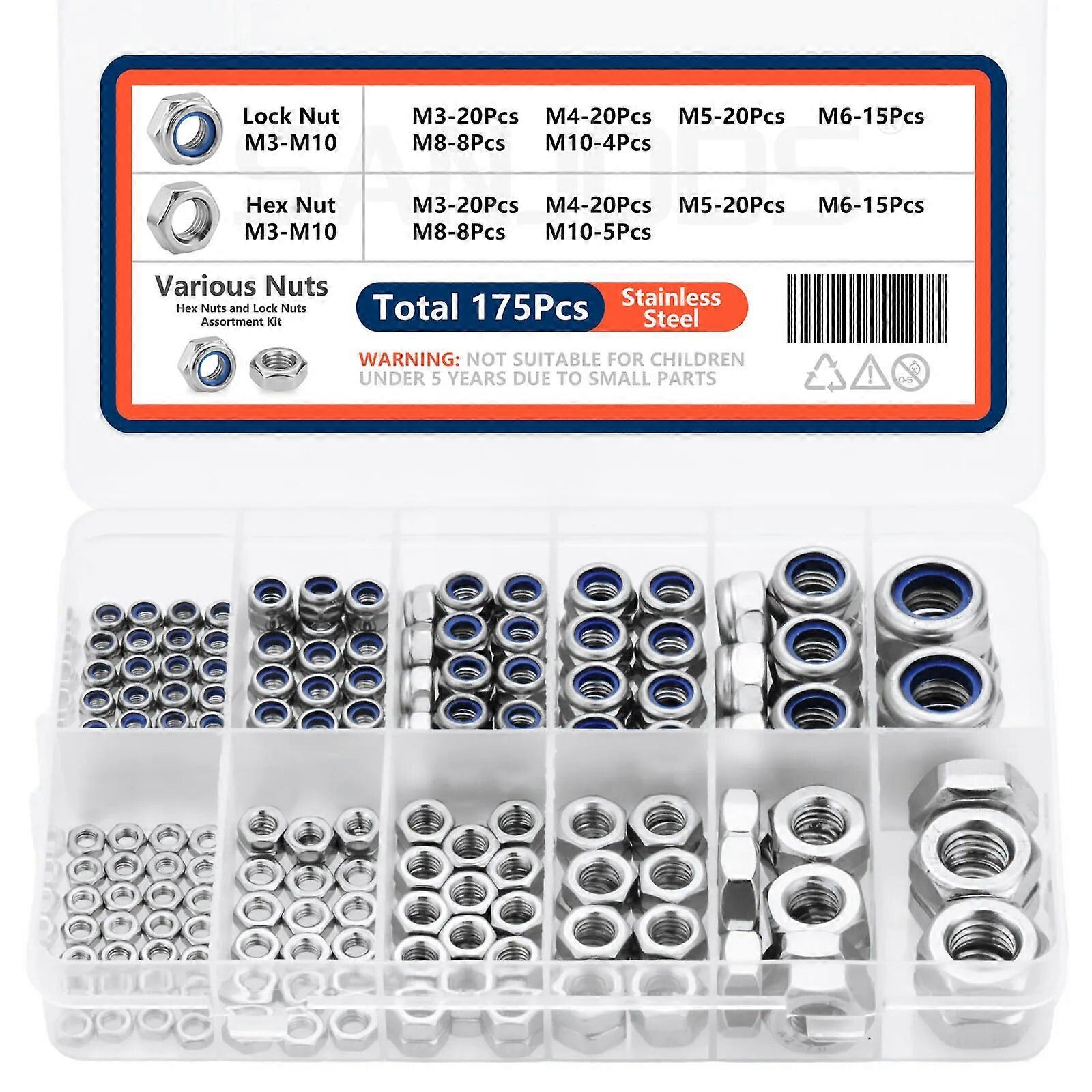 Locknuts & Hex Nuts Assortment Kit M3 M4 M5 M6 M8 M10 Stainless Steel 175pcs Assorted Metric Nylon Insert Lock & Hex Nut Set