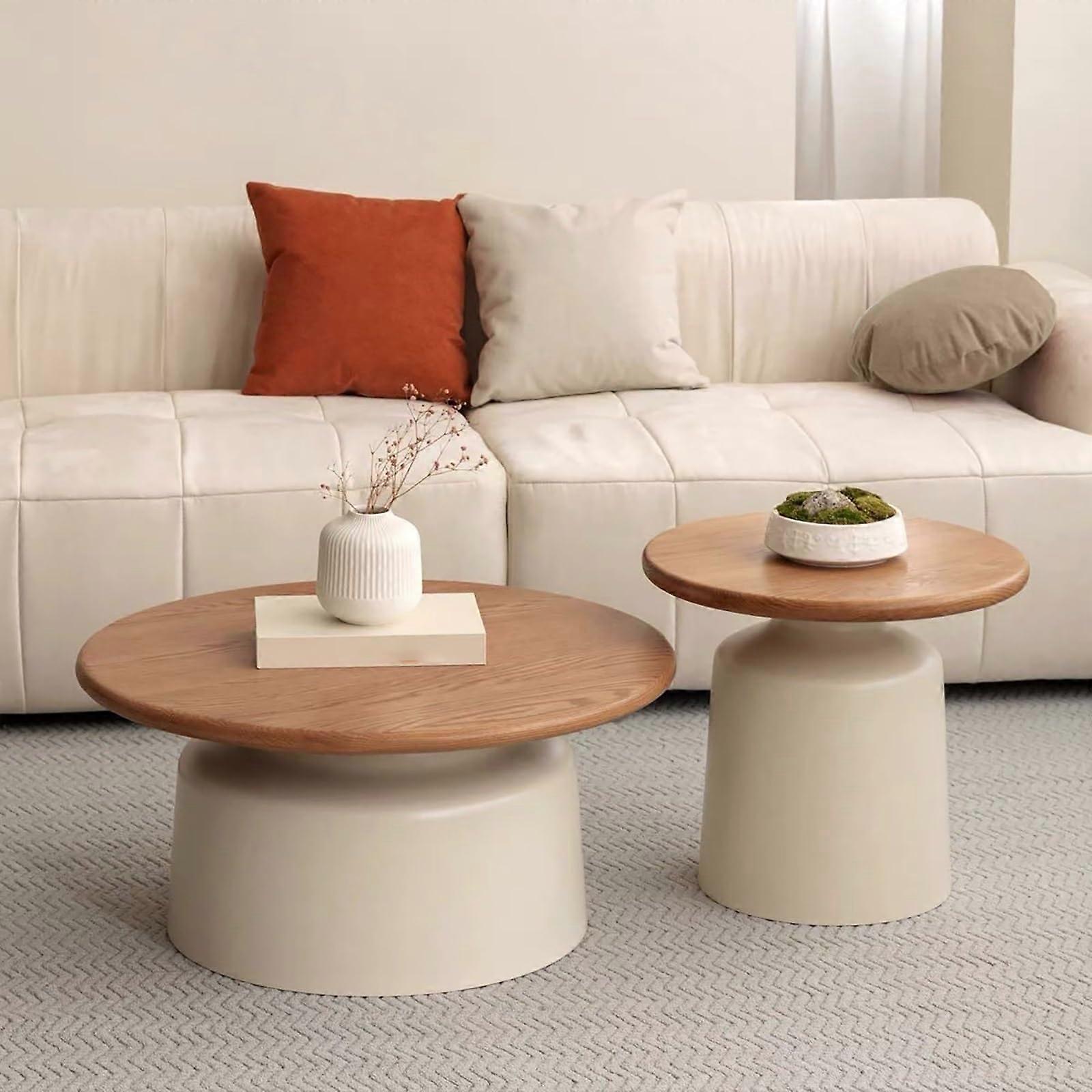 Round Wood Nesting Coffee Table Set of 2, SpaceSaving Round Tables for Living Room, Beige