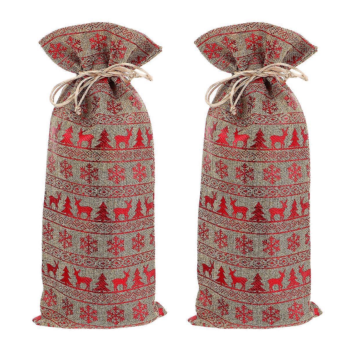Xmas Elk Printed Bottle Bag for Storage Use 2Pcs Drawstring Pouch