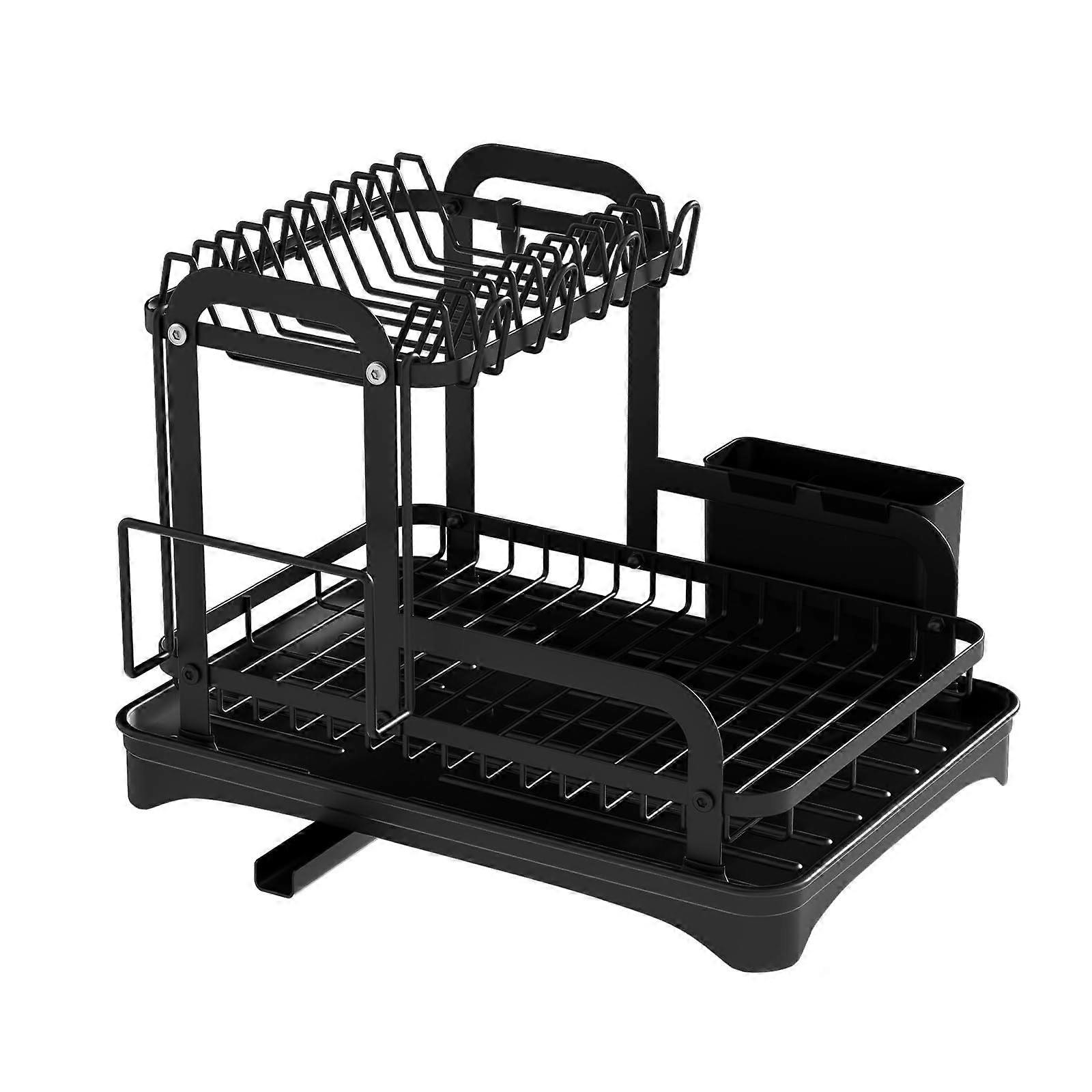 Rotating Double Layer Kitchen Dish Drying Rack with Drainage Tray, Space Saving Countertop Organizer