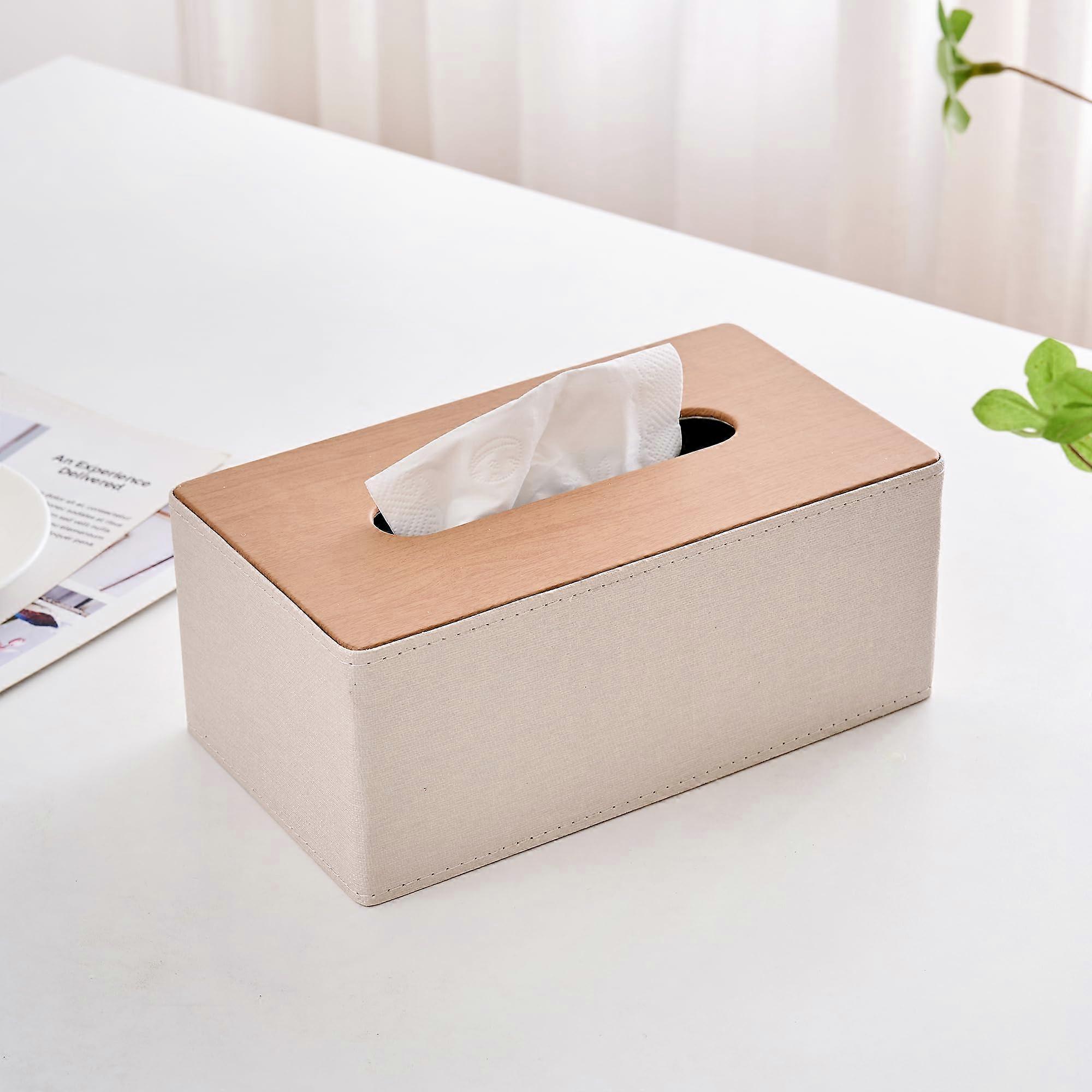 Tissue Box Cover PU Leather Holder Beige Rectangular Design for Home Office Bathroom Decor