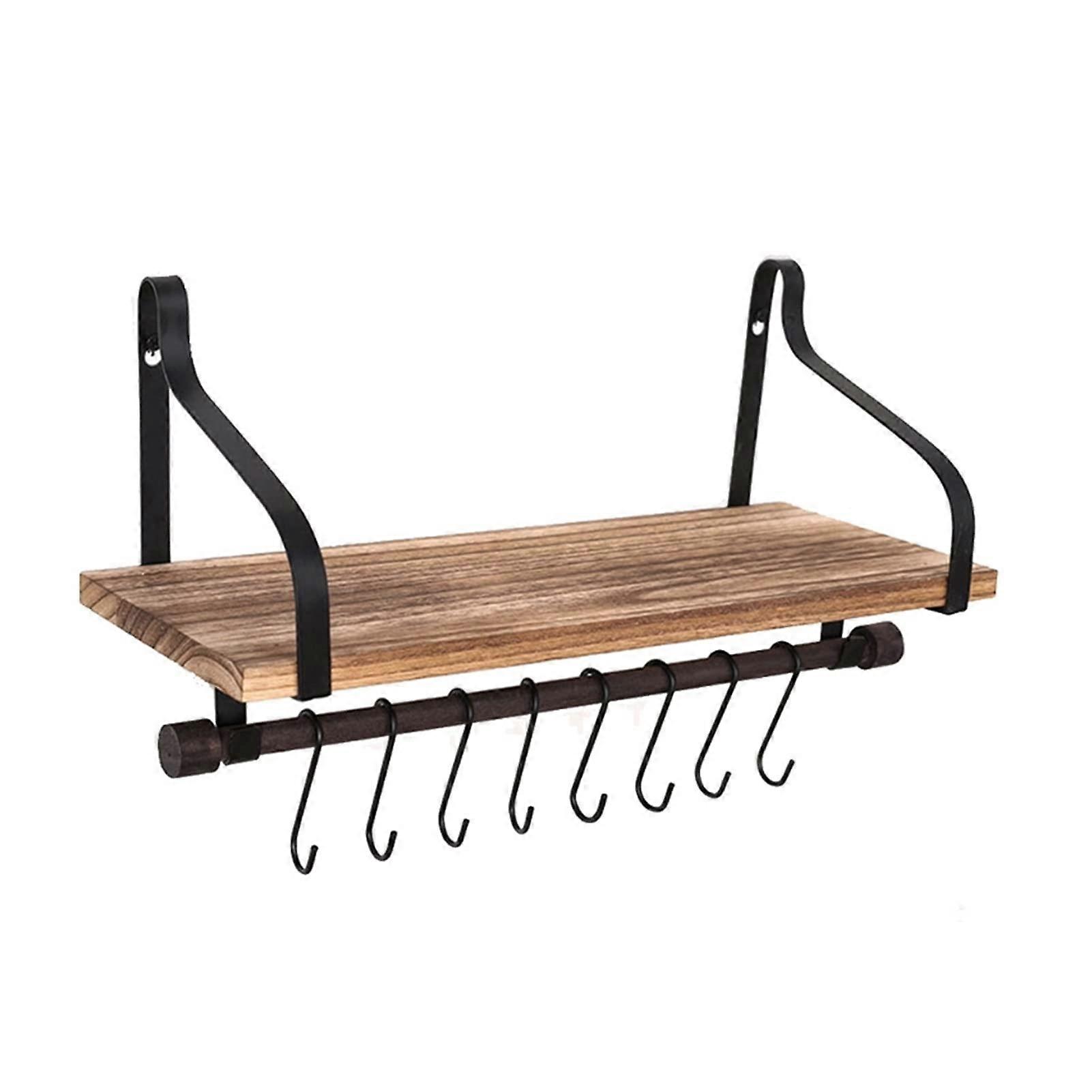 Wall Mounted Shelf Rustic Pine Kitchen Organizer with 8 Hooks Retro Country Style Storage Rack