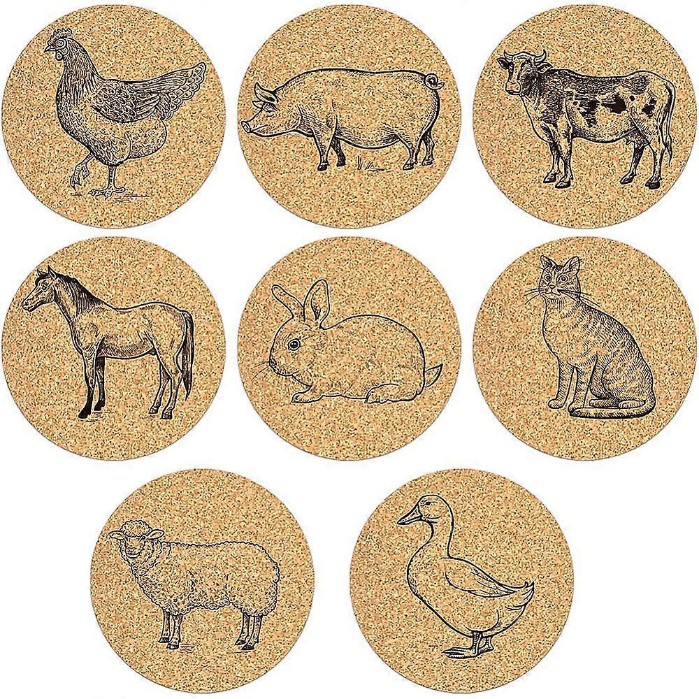 Wooden Cup Mats set Printed Flat Round Coasters Animal Pattern 100x5mm 8pcs/set