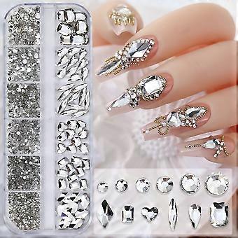 Nail Art Rhinestones Set with 12 MultiShape Crystal Gems, Gloss Glass Beads for DIY Nails (KT36White)