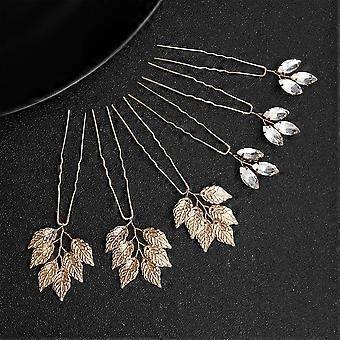 Sweet U Shape Hairpin 6pcs Headgear Sparkling Rhinestone Gold Leaves Ornaments for Cheongsam Han Clothes Tea Wear Dress