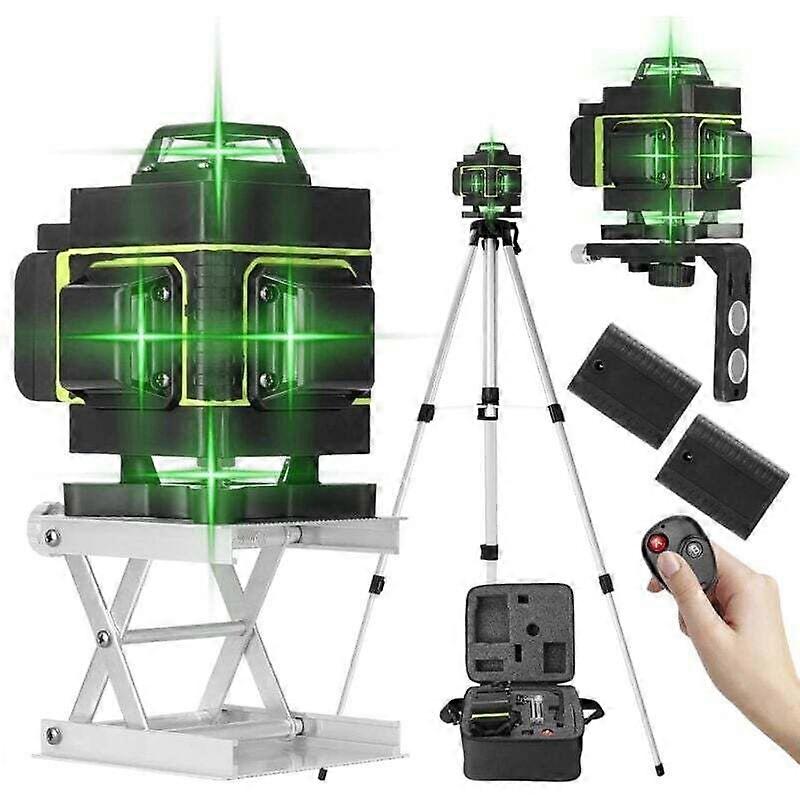 4D 16 hatlı lazer seviyeleme cihazı, 3° seviyeleme aleti, otomatik seviyeleme fonksiyonu, kaldırma platformu, uzaktan kumanda ve 2 pil ile birlikte, siyah.