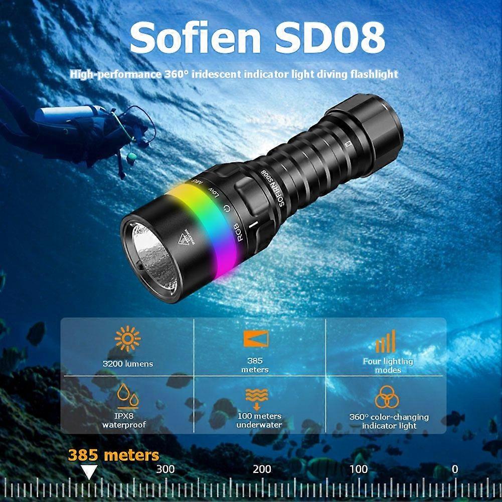 Sofirn SD08 3200lm Diving Flashlight Range 385m Diving Flashlight Underwater Deep Flashlight with 360° RGB Indicator