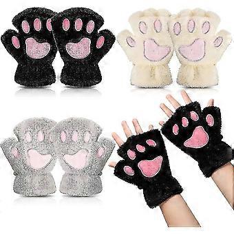 Cat Paw Fingerless Gloves 3 Pairs, Coral Fleece Faux Fur Plush, Warm Winter Cosplay, with Lanyard, for Girls Women Cat Lovers, Black White Gray