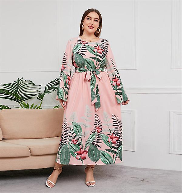 Spring New Women's Botanical Floral Print Midi Dress Large Size Long Sleeve Tie Waist Thin Fashion Outlet Long Skirt
