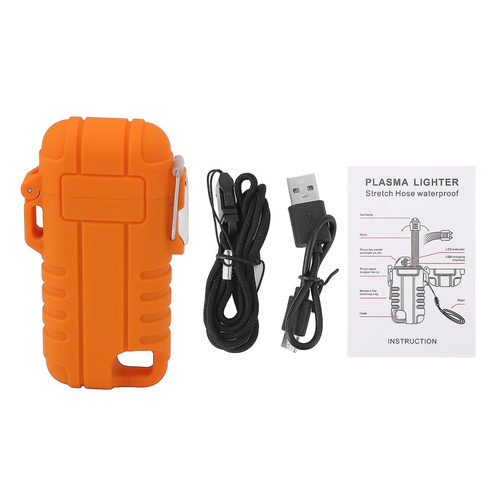 USB Rechargeable Lighter Windproof Dual Arc Waterproof Flameless Lighter with Hanging Hole for Camping Orange