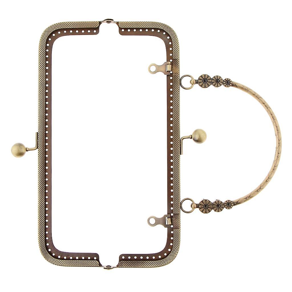 Squared Embossing Metal Purse Handbag Frame Kiss Clasp with Handle Bronze