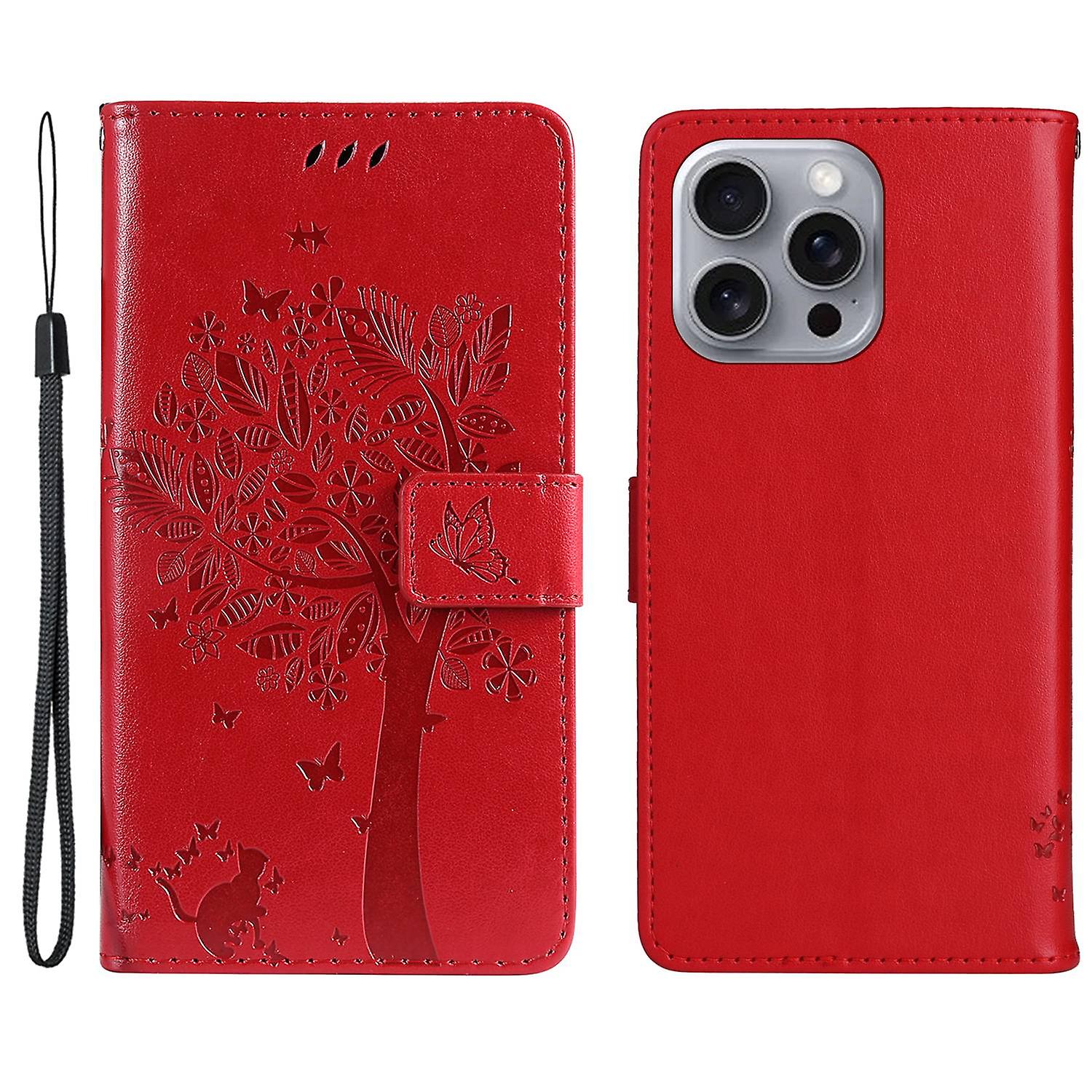 KT Imprinting Flower Series-3 For iPhone 16 Pro Max Case Protective PU Leather Phone Cover Cat Tree 