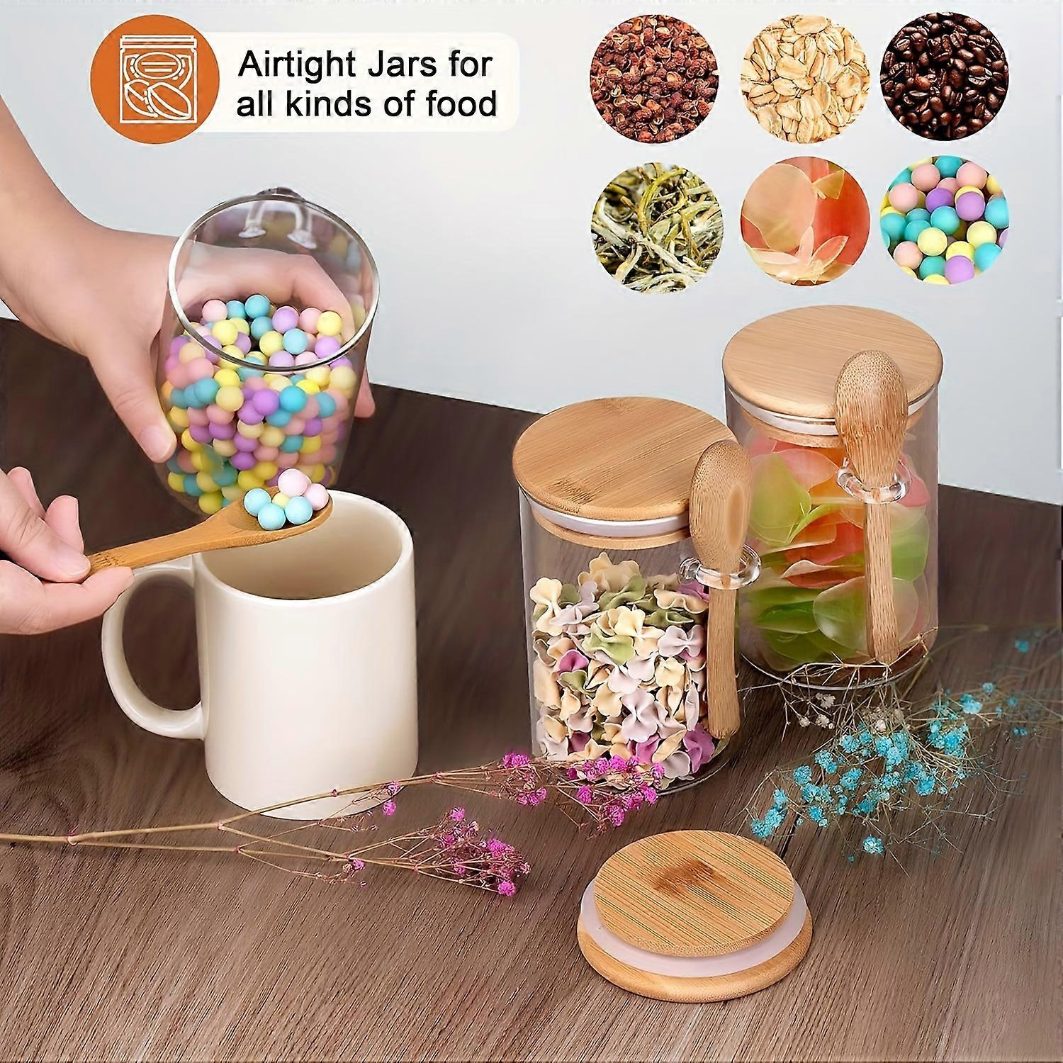 Airtight Glass Jars With Bamboo Lid & Spoons, Glass Food Storage Jars, Borosilicate Glass Canisters For Coffee Bean, Sugar, Dry Goods, Biscuit, Candy,