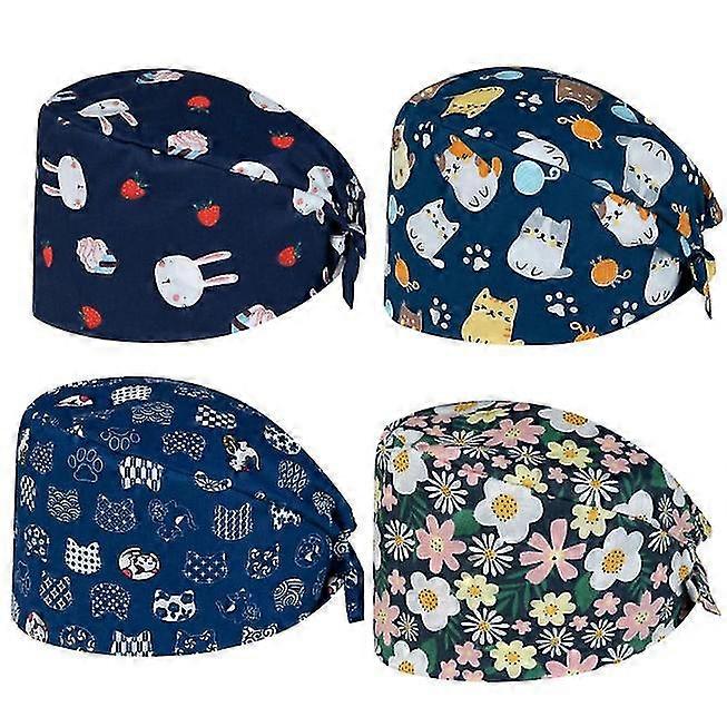 Pack Of 4 Bouffant Scrub Cap, Breathable Adjustable Work Caps, Unisex Printed Cap For Personal Care Supplies, Multicolor And One Size