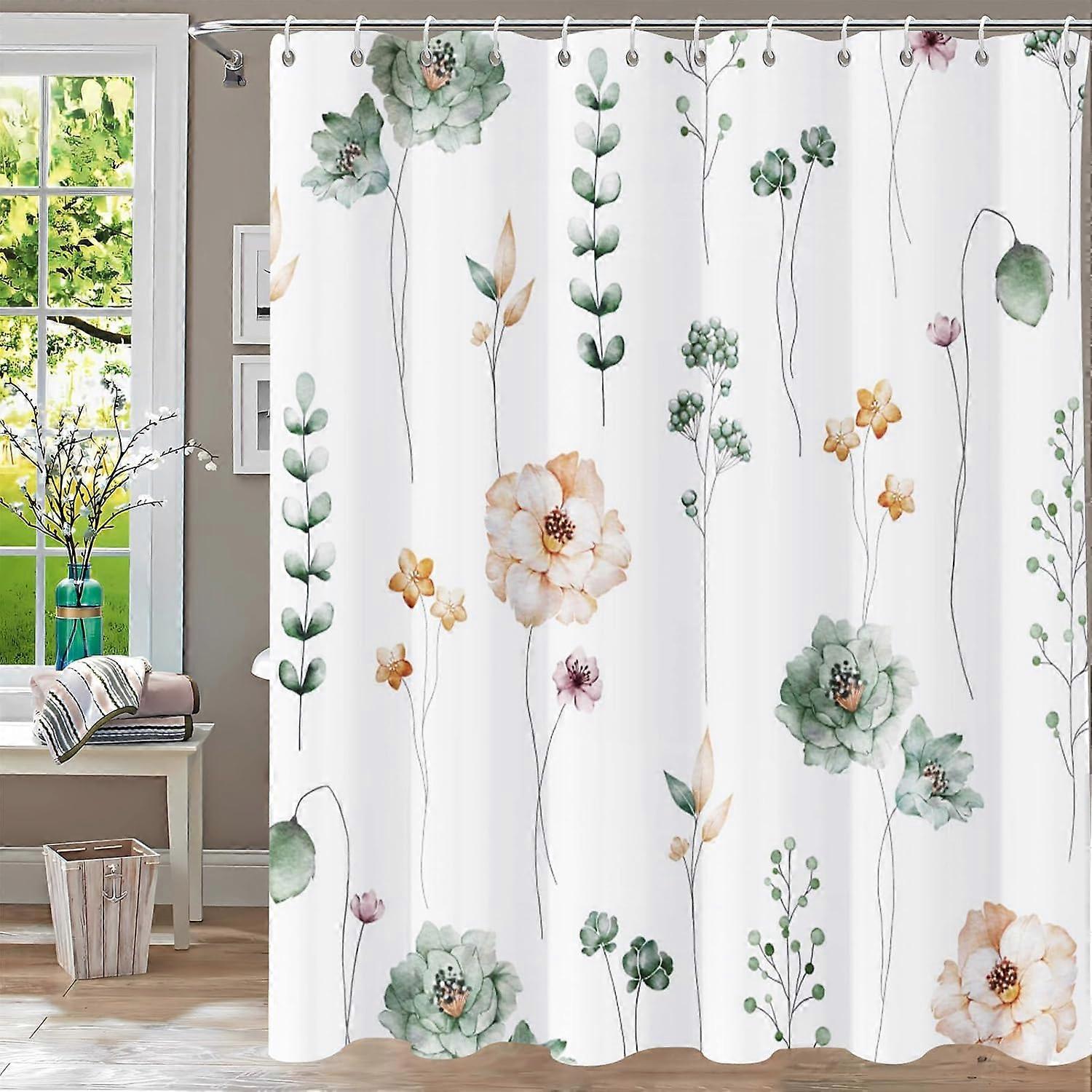 花のシャワーカーテン、バスルームのシャワーカーテン、セージグリーンベージュの花のシャワーカーテンセット葉のシャワーカーテン植物モダンな白い生地のウォータープルー