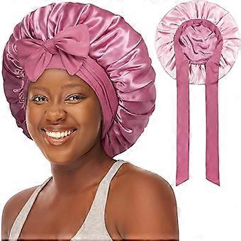 Double layer silk satin hat with tie, suitable for sleeping women, wide band large hair wrap sleeping hat suitable for curly hair braids