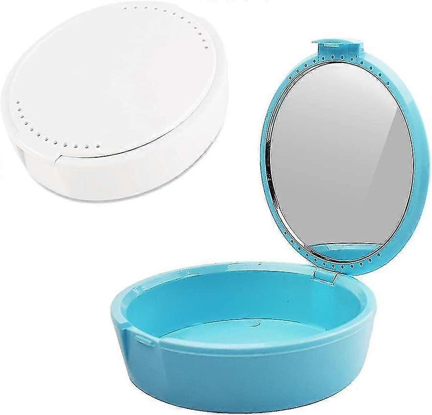 Partial Denture Storage Box With Mirror (light Blue + White)