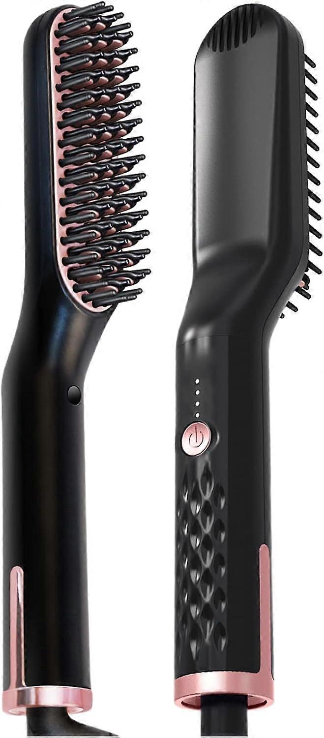Hair Straightener Brush, 2 in 1 Ionic Hair Beard Straightening Iron with Built-in Comb, Ionic Technology Heated Styling Brush