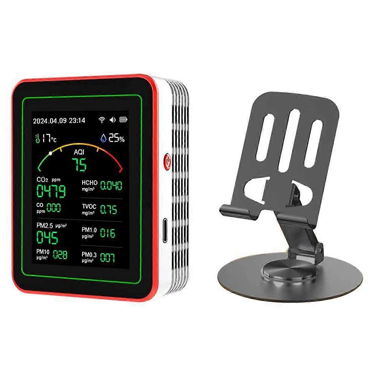 Tuya WiFi 15 in 1 Air Quality Detector Household Portable PM0.3 PM1.0 PM2.5 PM10 CO CO2 TVOC HCHO Tester WithMount,A