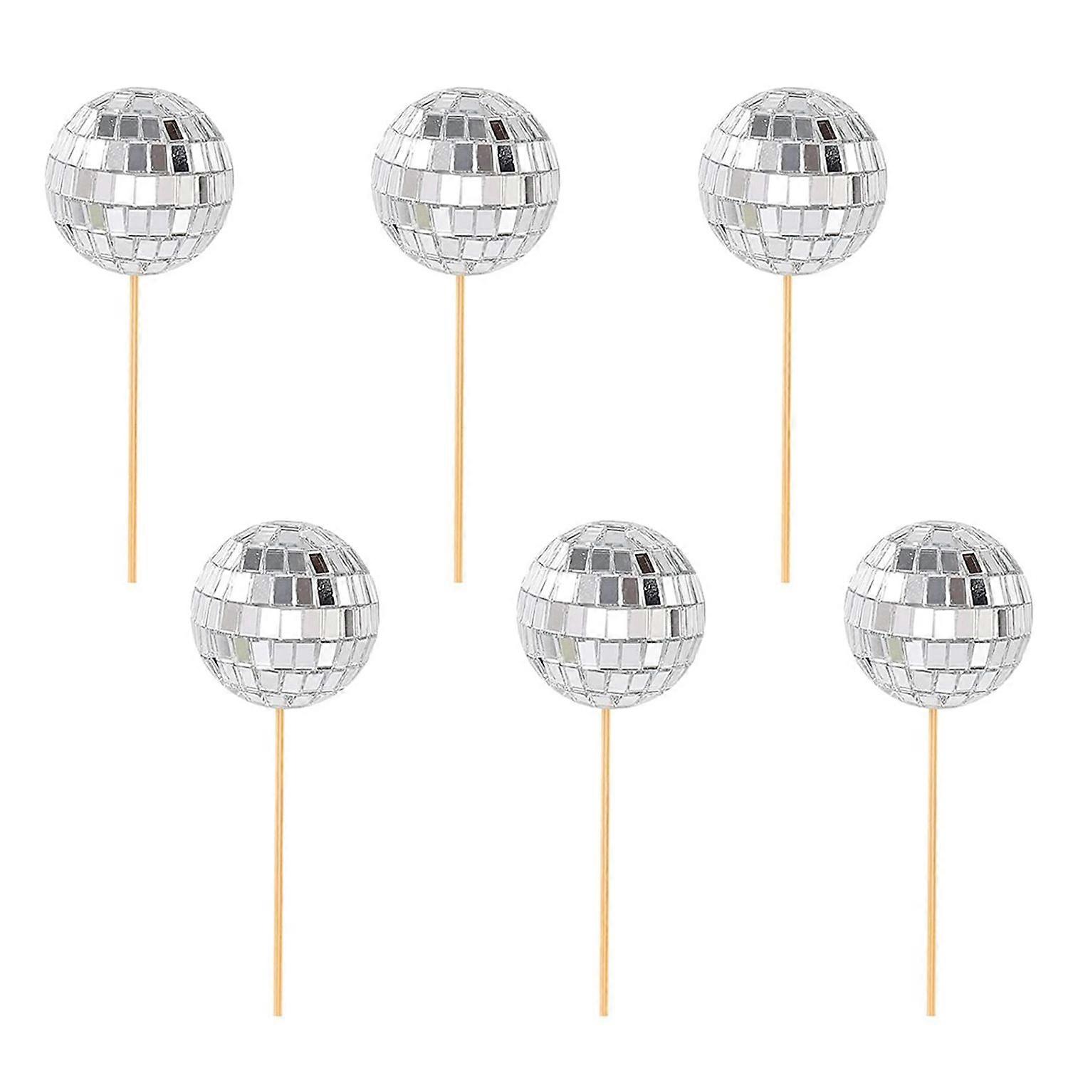 6Pcs Cake Insert Creative Exquisite Smooth Surface Shiny Decorate Mirror Disco Ball Cupcake Pick