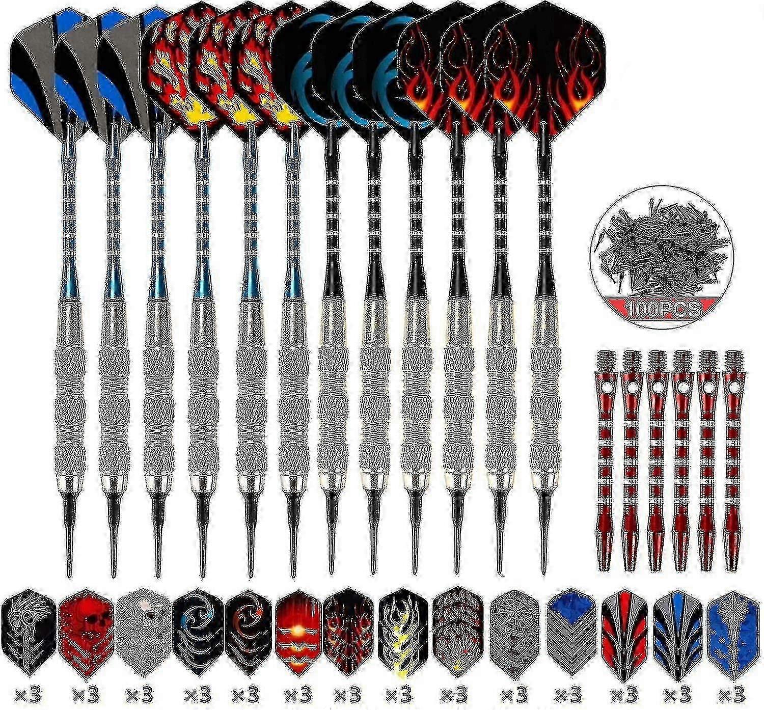 Tip Dart, 12 med 6 skafter + 42 Fly + 100 Spidser