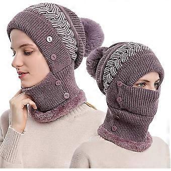 Women Winter Warm Knitted Cap Hat Neck Warmer Sets, Double Layer Fleece Lined Beanie Hat, Purple